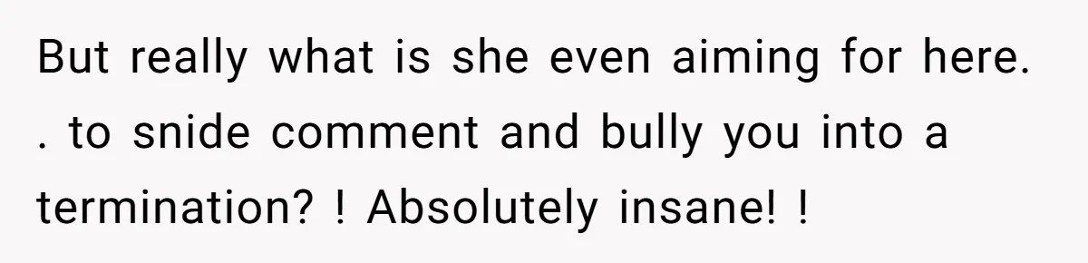But really what is she even aiming for here. . to snide comment and bully you into a termination? ! Absolutely insane! !