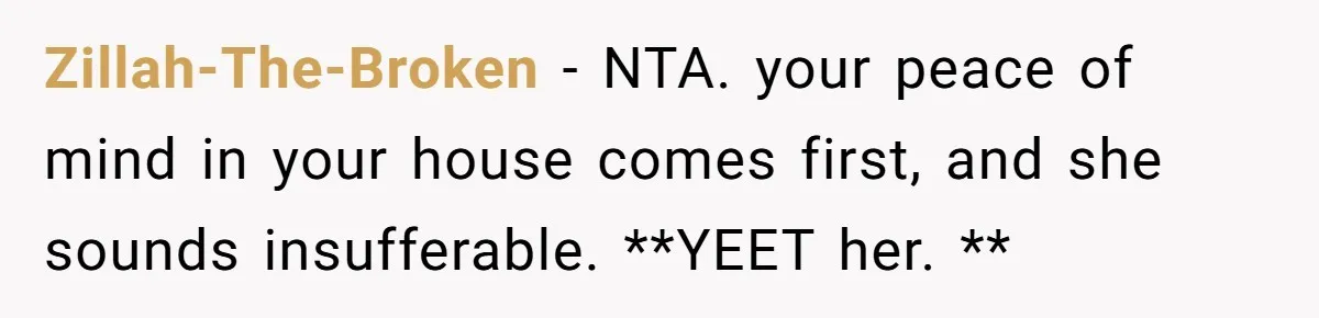 Zillah-The-Broken − NTA. your peace of mind in your house comes first, and she sounds insufferable. **YEET her. **