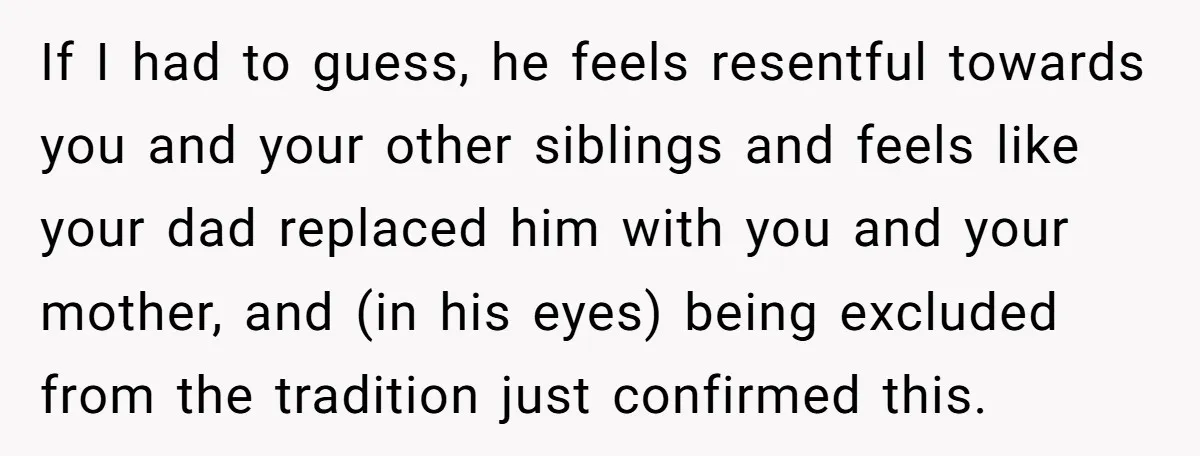 If I had to guess, he feels resentful towards you and your other siblings and feels like your dad replaced him with you and your mother, and (in his eyes)...