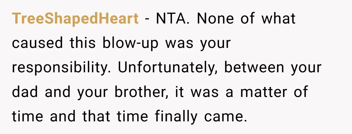 TreeShapedHeart − NTA. None of what caused this blow-up was your responsibility. Unfortunately, between your dad and your brother, it was a matter of time and that time finally came.