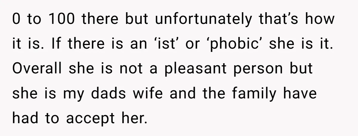 0 to 100 there but unfortunately that’s how it is. If there is an ‘ist’ or ‘phobic’ she is it. Overall she is not a pleasant person but she is...