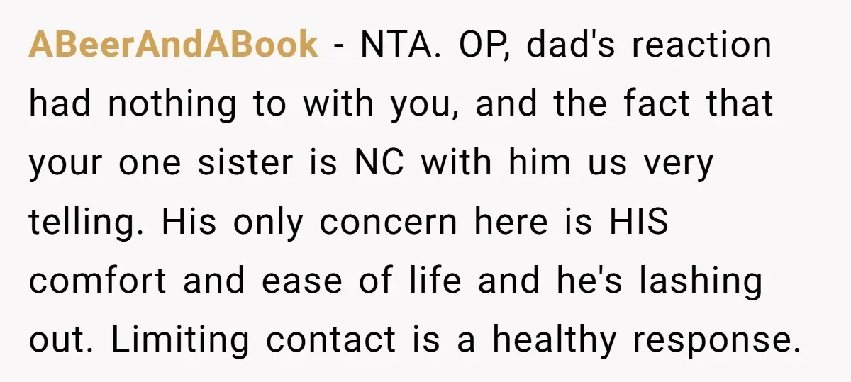ABeerAndABook − NTA. OP, dad's reaction had nothing to with you, and the fact that your one sister is NC with him us very telling. His only concern here is...