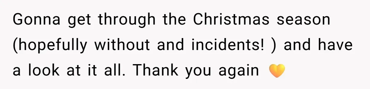 Gonna get through the Christmas season (hopefully without and incidents! ) and have a look at it all. Thank you again 💛