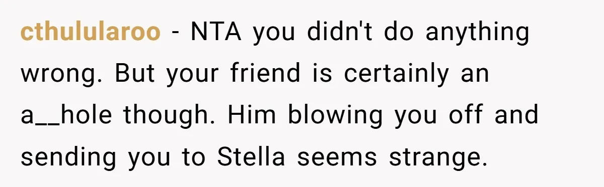 cthulularoo − NTA you didn't do anything wrong. But your friend is certainly an a__hole though. Him blowing you off and sending you to Stella seems strange.