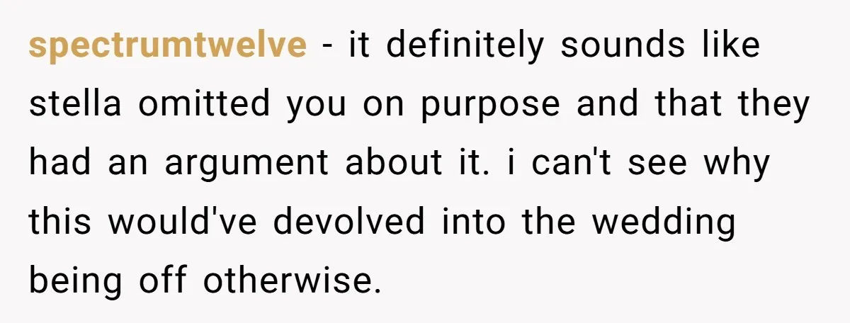 spectrumtwelve − it definitely sounds like stella omitted you on purpose and that they had an argument about it. i can't see why this would've devolved into the wedding being...