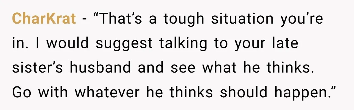 CharKrat − “That’s a tough situation you’re in. I would suggest talking to your late sister’s husband and see what he thinks. Go with whatever he thinks should happen.”