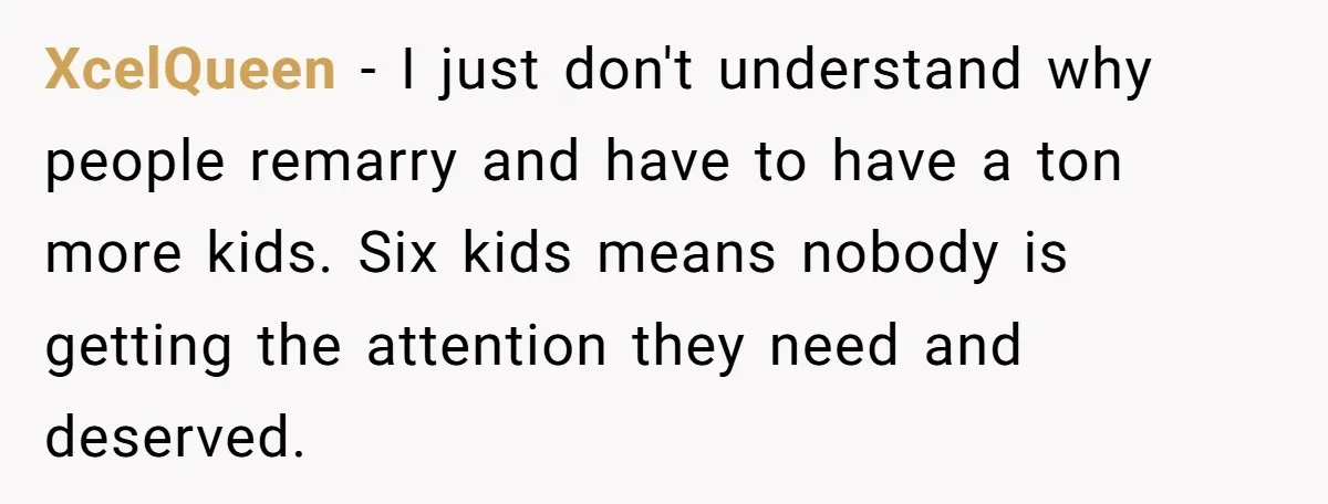 XcelQueen − I just don't understand why people remarry and have to have a ton more kids. Six kids means nobody is getting the attention they need and deserved.