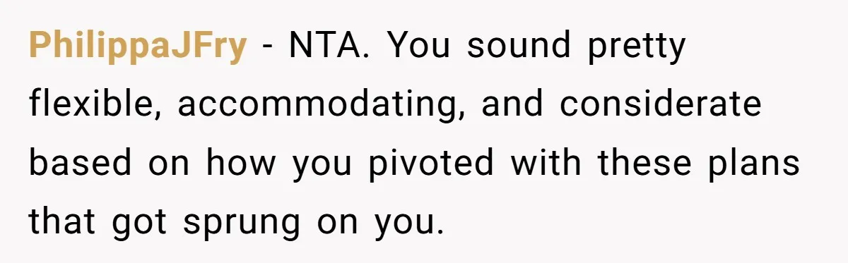 PhilippaJFry − NTA. You sound pretty flexible, accommodating, and considerate based on how you pivoted with these plans that got sprung on you.