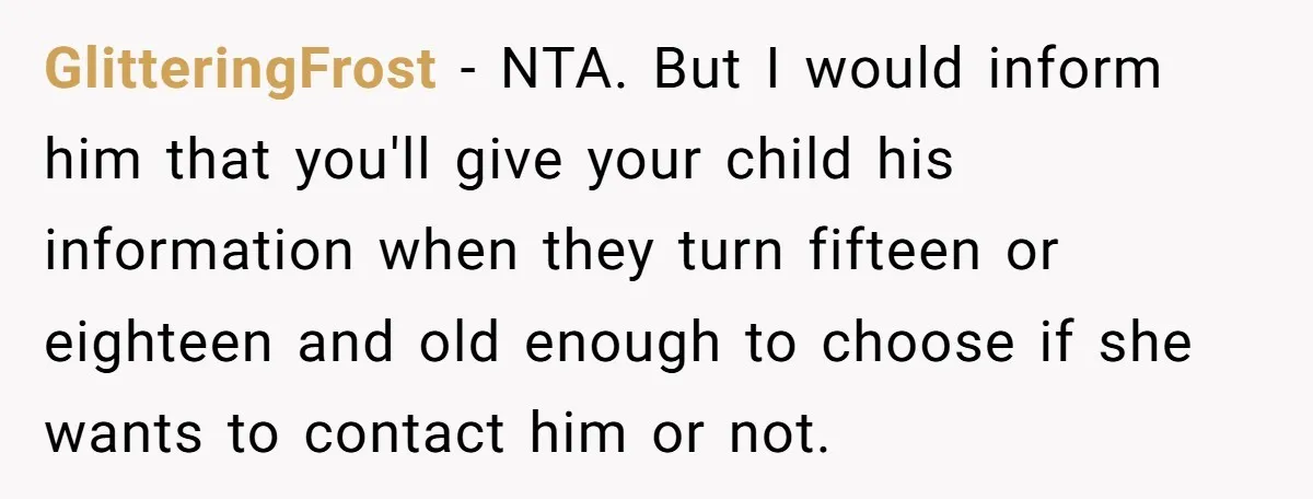 GlitteringFrost − NTA. But I would inform him that you'll give your child his information when they turn fifteen or eighteen and old enough to choose if she wants to...
