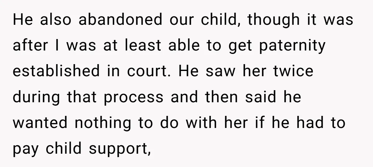 He also abandoned our child, though it was after I was at least able to get paternity established in court. He saw her twice during that process and then said...