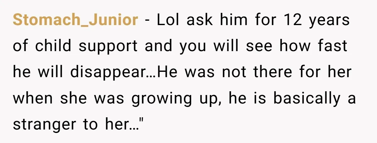 Stomach_Junior − Lol ask him for 12 years of child support and you will see how fast he will disappear…He was not there for her when she was growing up,...