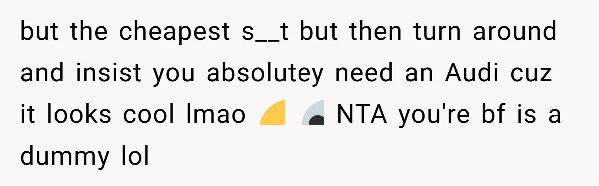 but the cheapest s__t but then turn around and insist you absolutey need an Audi cuz it looks cool lmao 🤣 💀 NTA you're bf is a dummy lol