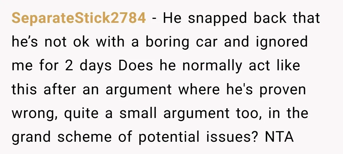 SeparateStick2784 − He snapped back that he’s not ok with a boring car and ignored me for 2 days Does he normally act like this after an argument where he's...