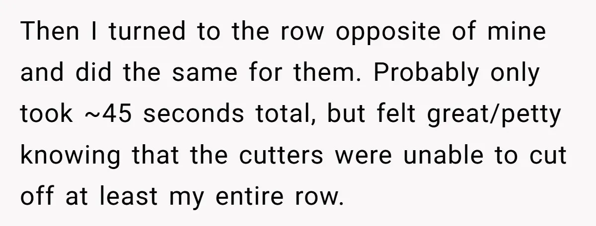 Then I turned to the row opposite of mine and did the same for them. Probably only took ~45 seconds total, but felt great/petty knowing that the cutters were unable...