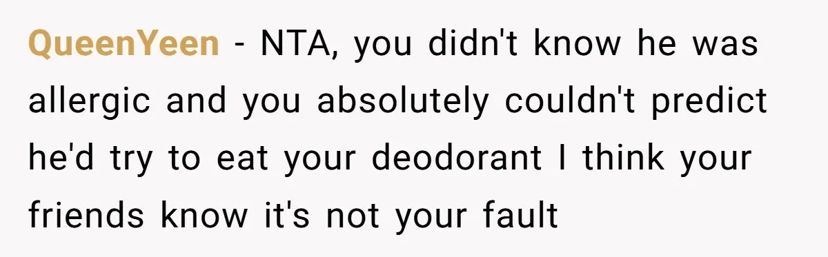 QueenYeen − NTA, you didn't know he was allergic and you absolutely couldn't predict he'd try to eat your deodorant I think your friends know it's not your fault