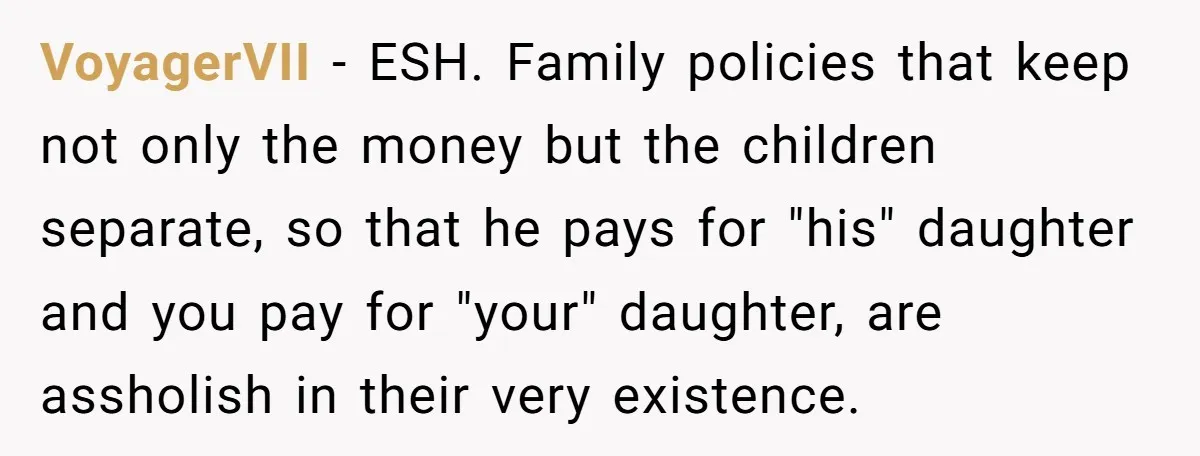 VoyagerVII − ESH. Family policies that keep not only the money but the children separate, so that he pays for "his" daughter and you pay for "your" daughter, are assholish...