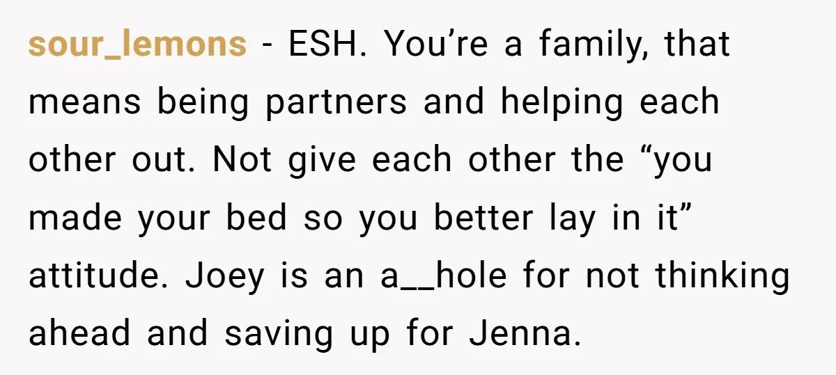 sour_lemons − ESH. You’re a family, that means being partners and helping each other out. Not give each other the “you made your bed so you better lay in it”...