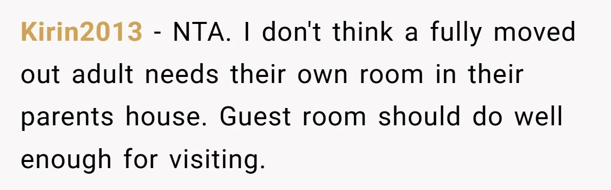 Kirin2013 − NTA. I don't think a fully moved out adult needs their own room in their parents house. Guest room should do well enough for visiting.