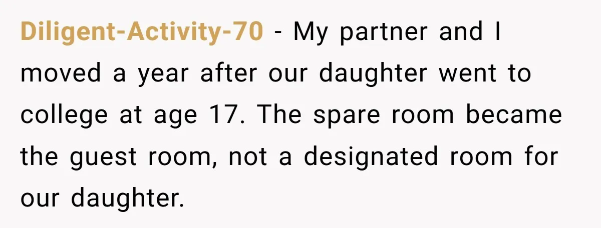 Diligent-Activity-70 − My partner and I moved a year after our daughter went to college at age 17. The spare room became the guest room, not a designated room for...