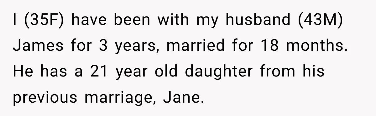 I (35F) have been with my husband (43M) James for 3 years, married for 18 months. He has a 21 year old daughter from his previous marriage, Jane.