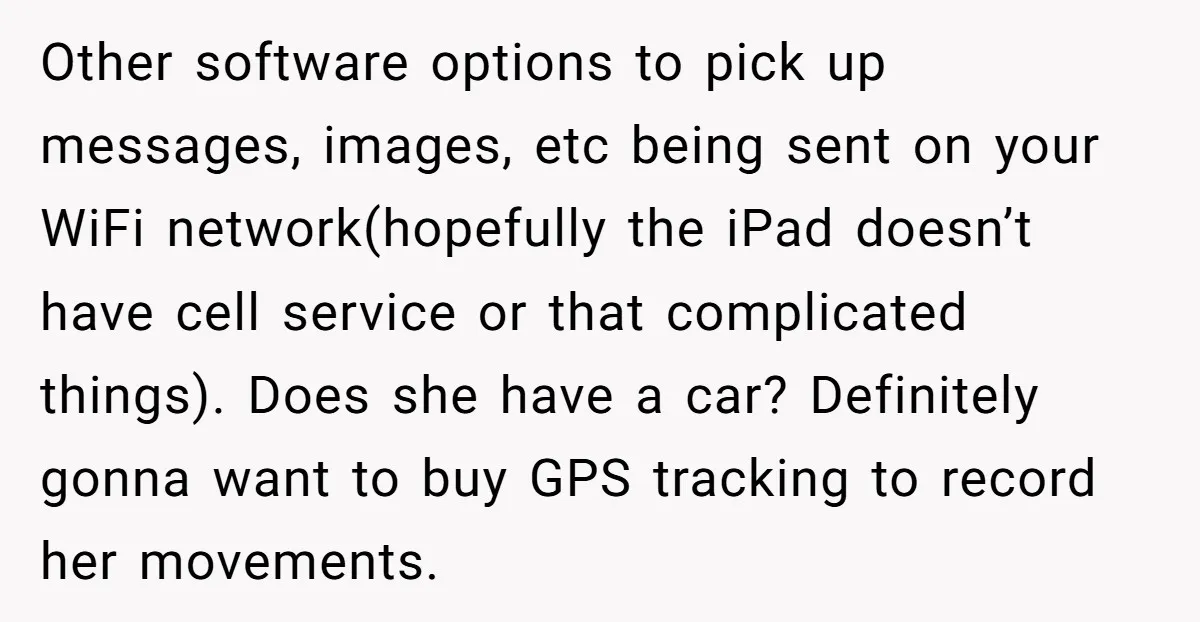 Other software options to pick up messages, images, etc being sent on your WiFi network(hopefully the iPad doesn’t have cell service or that complicated things). Does she have a car?...