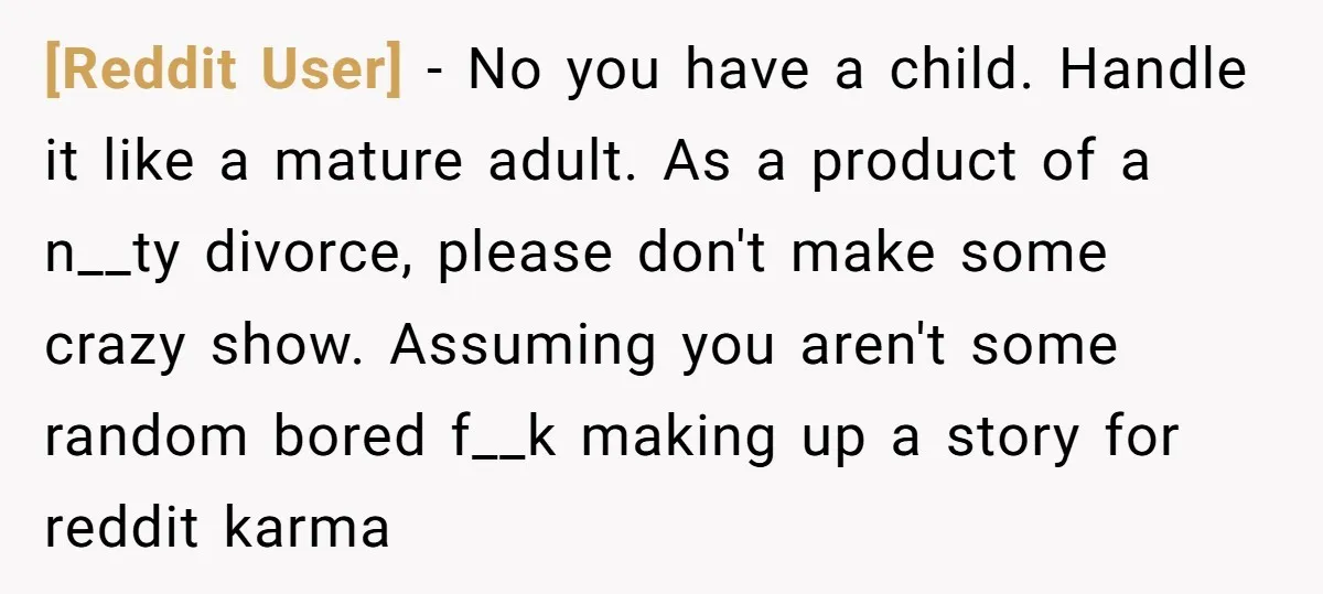 [Reddit User] − No you have a child. Handle it like a mature adult. As a product of a n__ty divorce, please don't make some crazy show. Assuming you aren't...