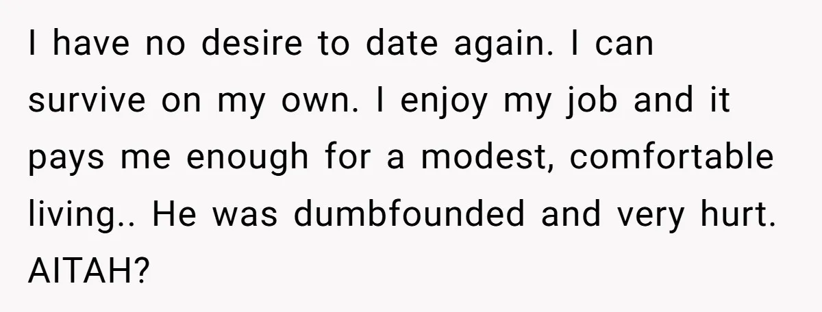 I have no desire to date again. I can survive on my own. I enjoy my job and it pays me enough for a modest, comfortable living.. He was dumbfounded...