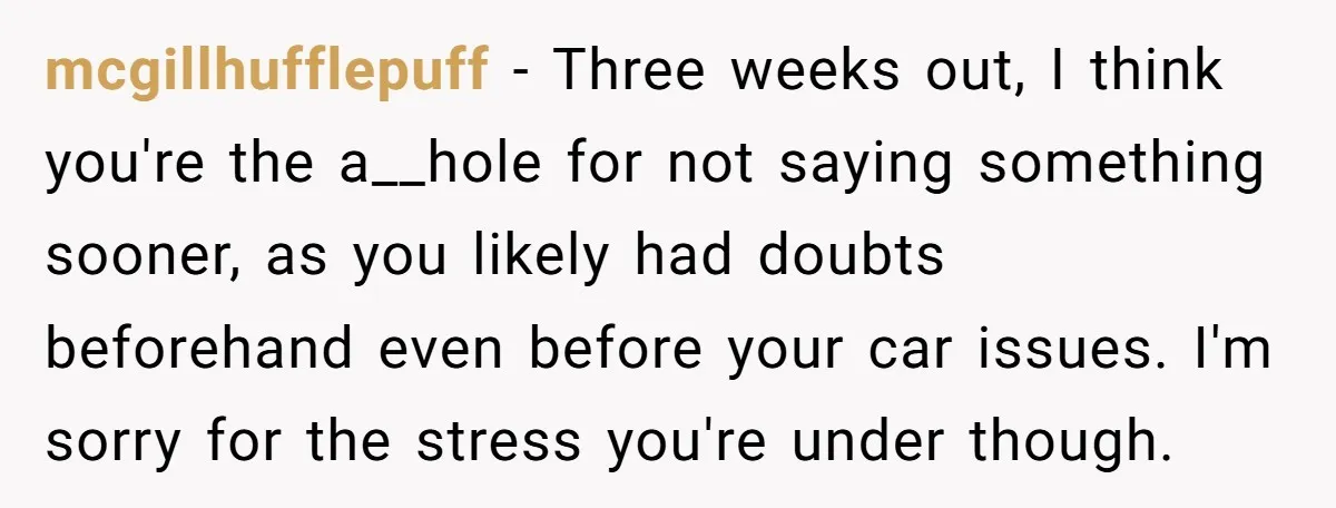 mcgillhufflepuff − Three weeks out, I think you're the a__hole for not saying something sooner, as you likely had doubts beforehand even before your car issues. I'm sorry for the...