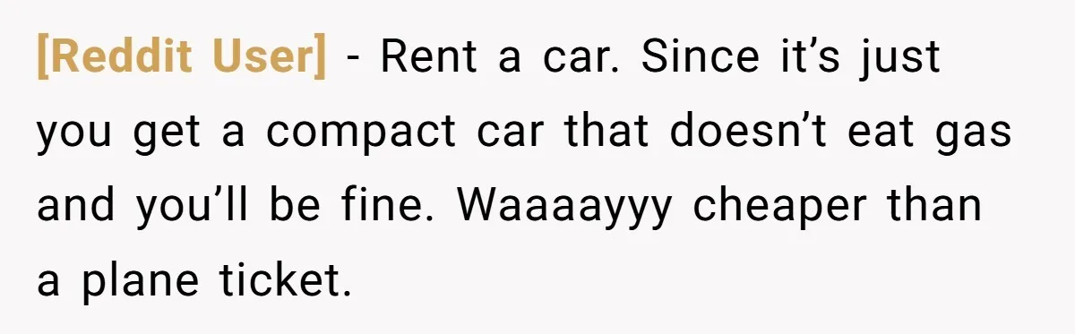 [Reddit User] − Rent a car. Since it’s just you get a compact car that doesn’t eat gas and you’ll be fine. Waaaayyy cheaper than a plane ticket.