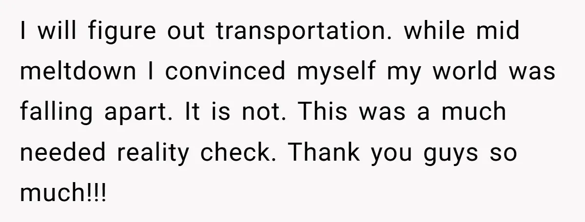 I will figure out transportation. while mid meltdown I convinced myself my world was falling apart. It is not. This was a much needed reality check. Thank you guys so...