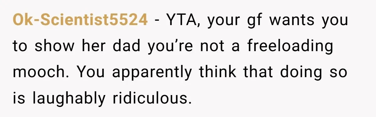 Ok-Scientist5524 − YTA, your gf wants you to show her dad you’re not a freeloading mooch. You apparently think that doing so is laughably ridiculous.
