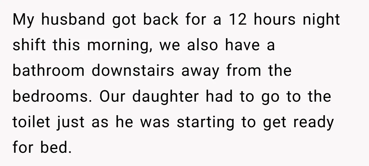 My husband got back for a 12 hours night shift this morning, we also have a bathroom downstairs away from the bedrooms. Our daughter had to go to the toilet...