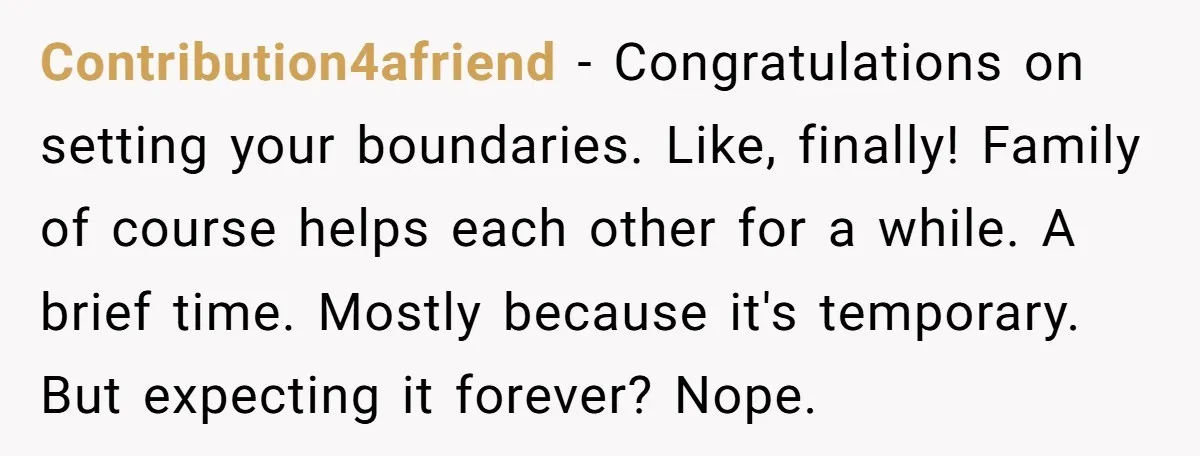 Contribution4afriend − Congratulations on setting your boundaries. Like, finally! Family of course helps each other for a while. A brief time. Mostly because it's temporary. But expecting it forever? Nope.