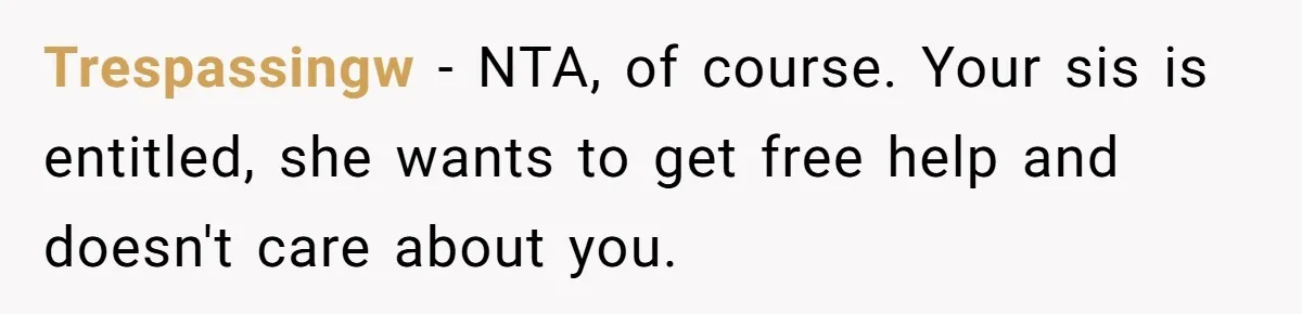 Trespassingw − NTA, of course. Your sis is entitled, she wants to get free help and doesn't care about you.