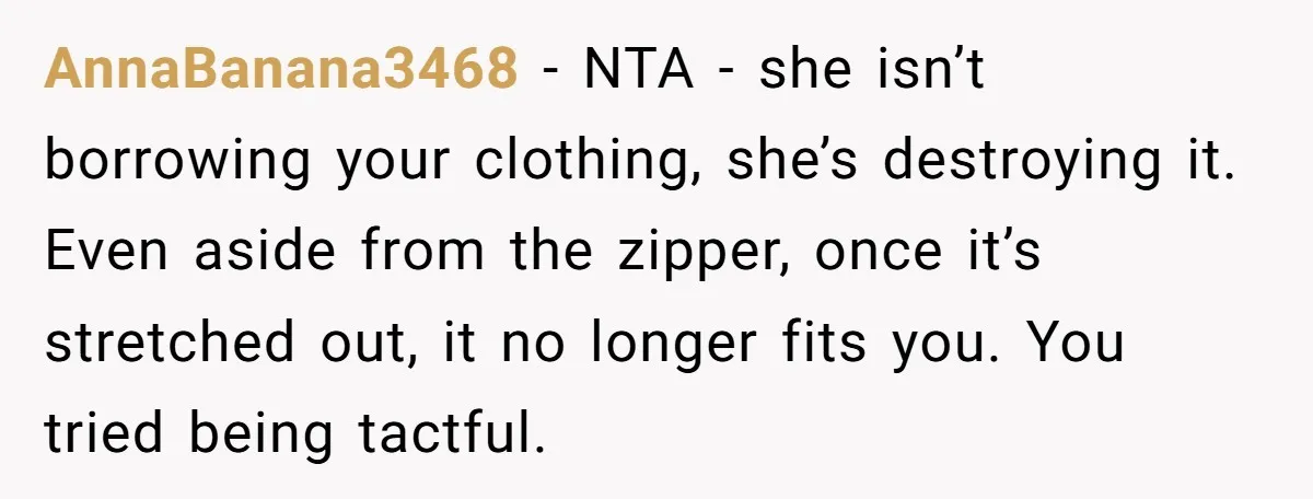 AnnaBanana3468 − NTA - she isn’t borrowing your clothing, she’s destroying it. Even aside from the zipper, once it’s stretched out, it no longer fits you. You tried being tactful.