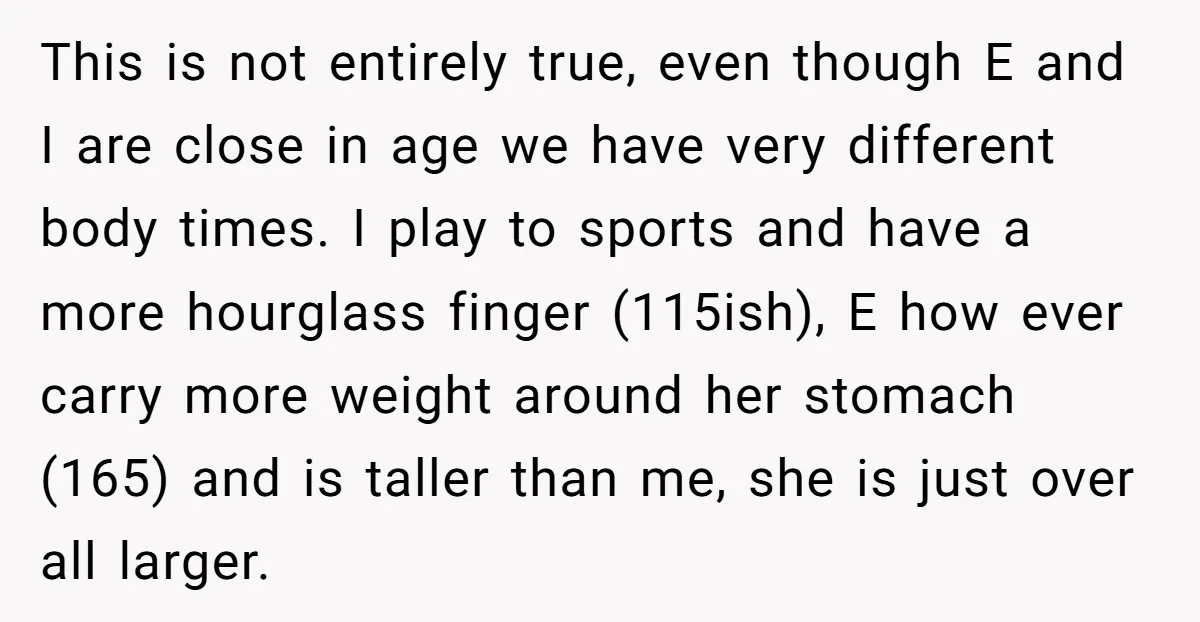 This is not entirely true, even though E and I are close in age we have very different body times. I play to sports and have a more hourglass finger...