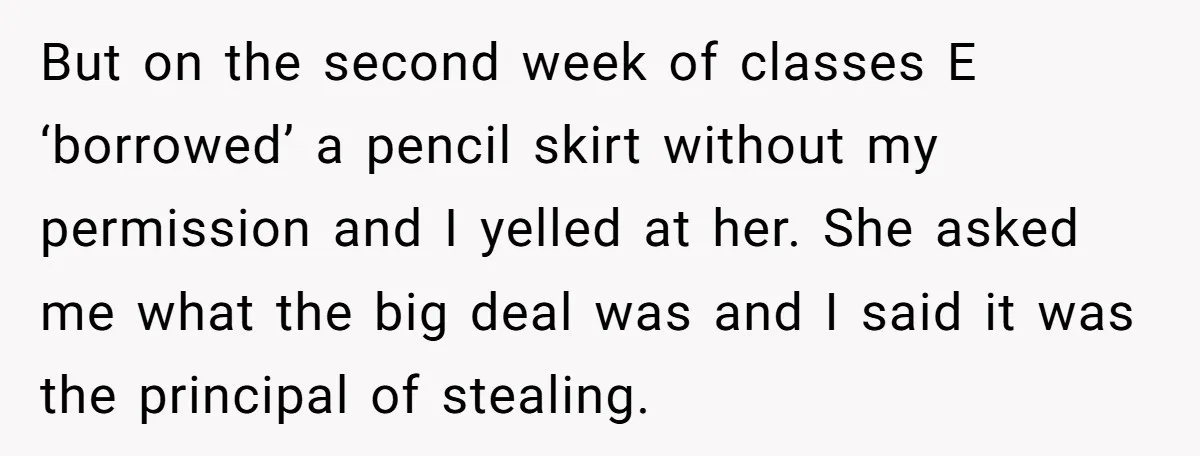 But on the second week of classes E ‘borrowed’ a pencil skirt without my permission and I yelled at her. She asked me what the big deal was and I...