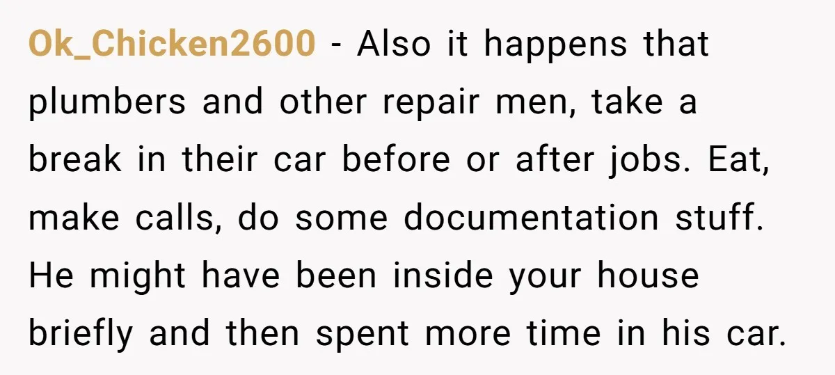 Ok_Chicken2600 − Also it happens that plumbers and other repair men, take a break in their car before or after jobs. Eat, make calls, do some documentation stuff. He might...