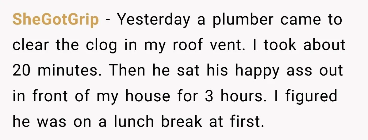 SheGotGrip − Yesterday a plumber came to clear the clog in my roof vent. I took about 20 minutes. Then he sat his happy ass out in front of my...