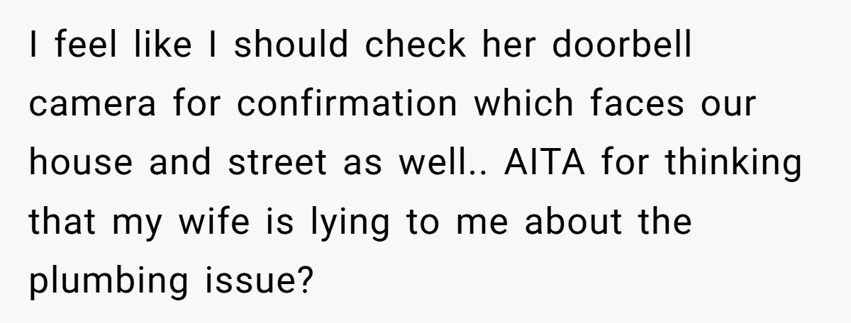 I feel like I should check her doorbell camera for confirmation which faces our house and street as well.. AITA for thinking that my wife is lying to me about...
