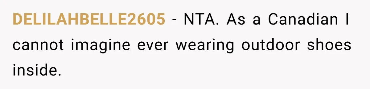 DELILAHBELLE2605 − NTA. As a Canadian I cannot imagine ever wearing outdoor shoes inside.
