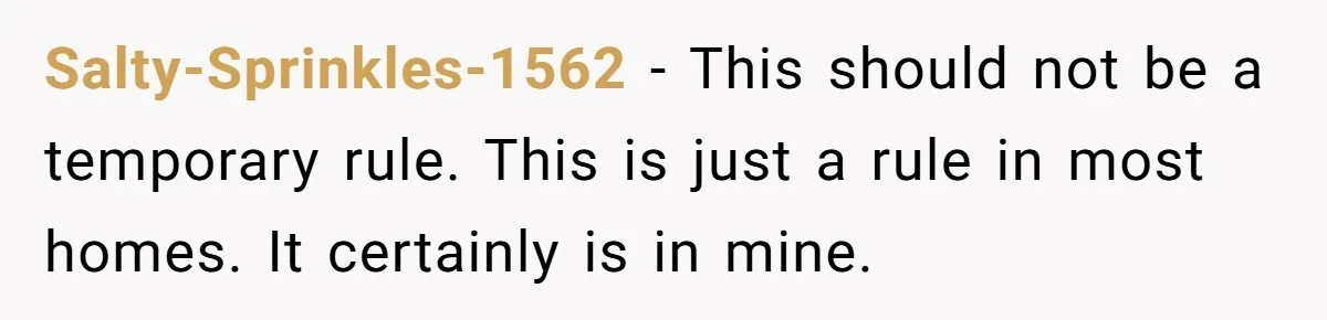 Salty-Sprinkles-1562 − This should not be a temporary rule. This is just a rule in most homes. It certainly is in mine.