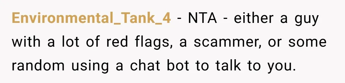 Environmental_Tank_4 − NTA - either a guy with a lot of red flags, a scammer, or some random using a chat bot to talk to you.