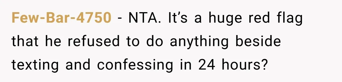 Few-Bar-4750 − NTA. It’s a huge red flag that he refused to do anything beside texting and confessing in 24 hours?