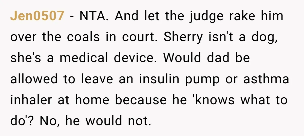 Jen0507 − NTA. And let the judge rake him over the coals in court. Sherry isn't a dog, she's a medical device. Would dad be allowed to leave an insulin...