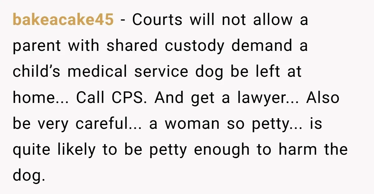 bakeacake45 − Courts will not allow a parent with shared custody demand a child’s medical service dog be left at home... Call CPS. And get a lawyer... Also be very...