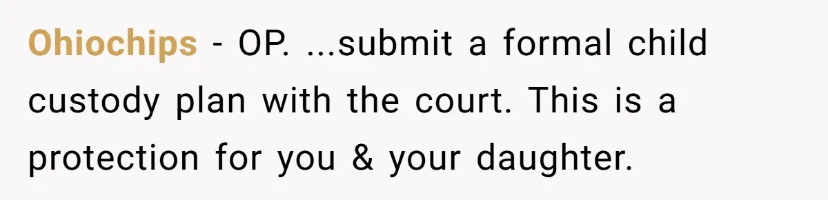 Ohiochips − OP. ...submit a formal child custody plan with the court. This is a protection for you & your daughter.