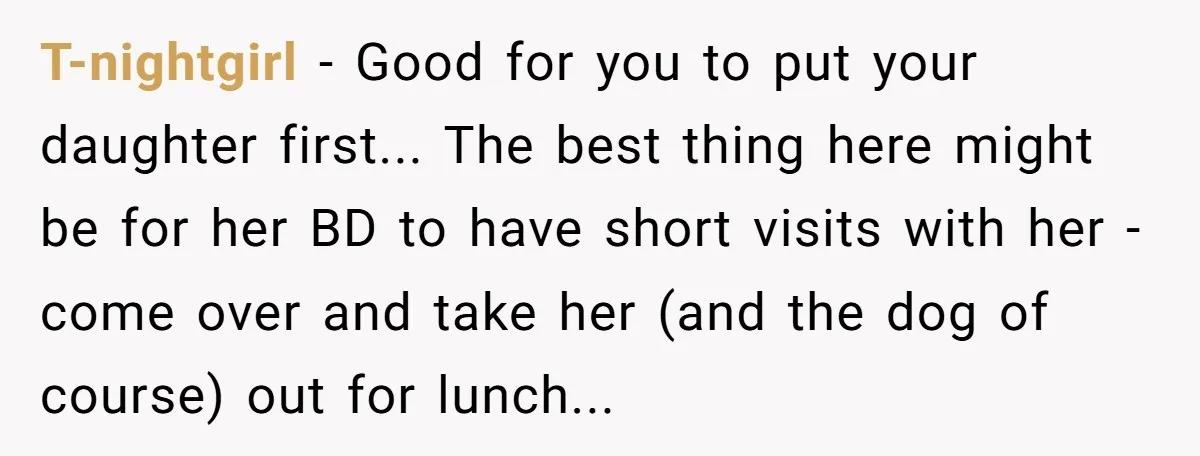 T-nightgirl − Good for you to put your daughter first... The best thing here might be for her BD to have short visits with her - come over and take...