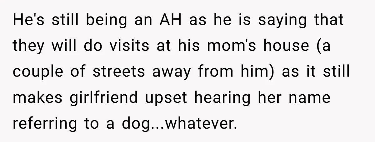 He's still being an AH as he is saying that they will do visits at his mom's house (a couple of streets away from him) as it still makes girlfriend...