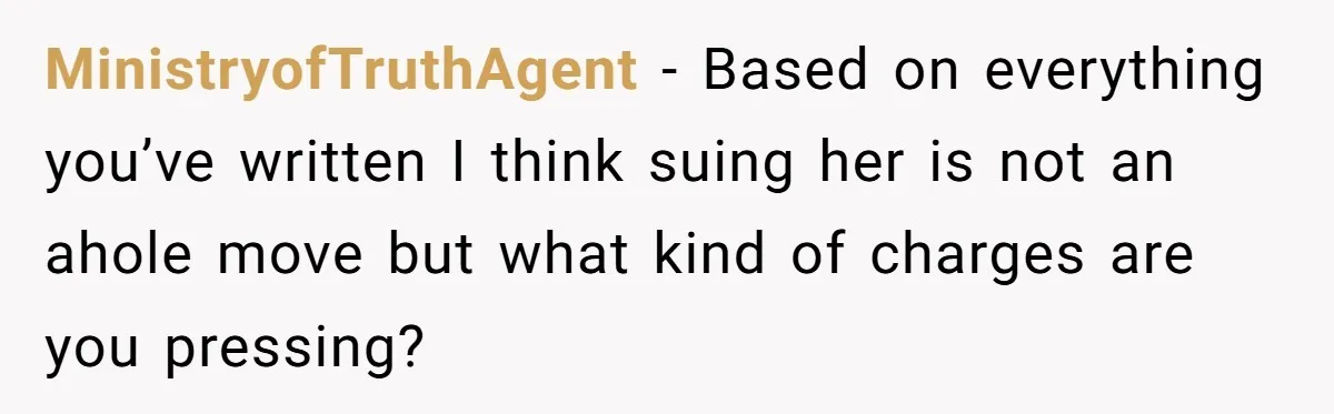 MinistryofTruthAgent − Based on everything you’ve written I think suing her is not an ahole move but what kind of charges are you pressing?